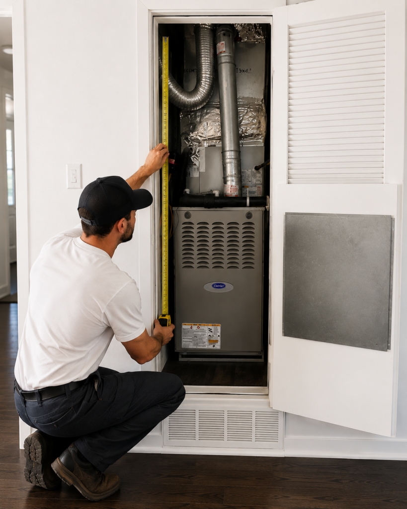 HVAC technician measuring clearance space in a furnace closet during a replacement estimate