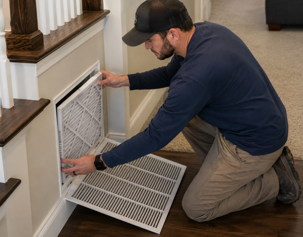 Bay Air HVAC technician replacing a home air filter
