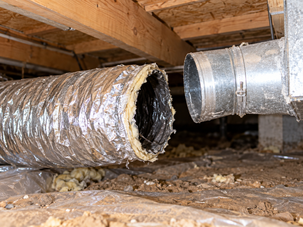 Disconnected flexible heating duct in a residential crawlspace